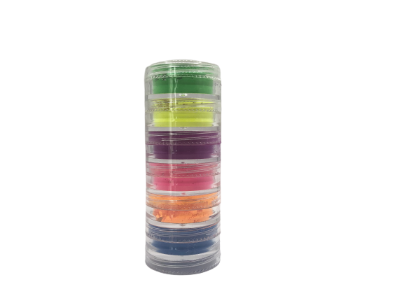 Ce lot de pigments fluos aux six couleurs vibrantes (vert, jaune, violet, rose, orange, bleu) est parfait pour réaliser des créations de nail art éclatantes